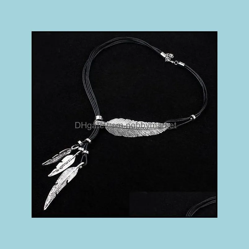 New Arrivals Fashion Rope Chain Feather Pattern Pendant Necklaces Bohemian Style Black statement necklace Jewelry For women Sweater