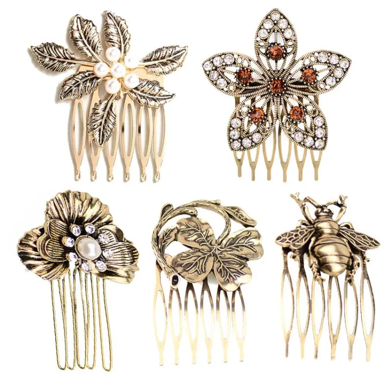 Grampos de cabelo Barrettes Miss Foursy Retro Ornament Headdress Inseto Pente Bee e folha Pérola Antique Hairpin para mulheres