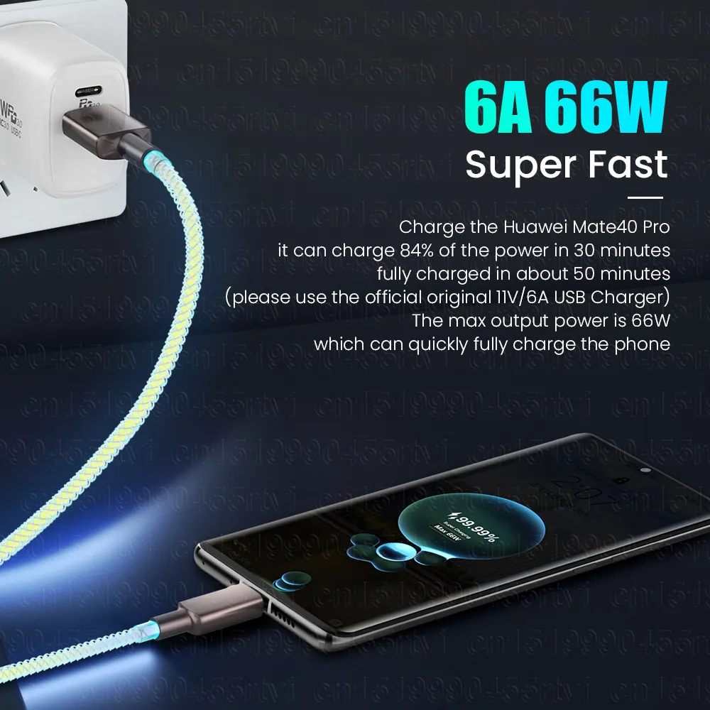 Cable USB tipo C de iluminación luminosa de flujo 6A 66W para Huawei P50 Honor 5A Cable de datos cargador USB C de carga rápida para Xiaomi