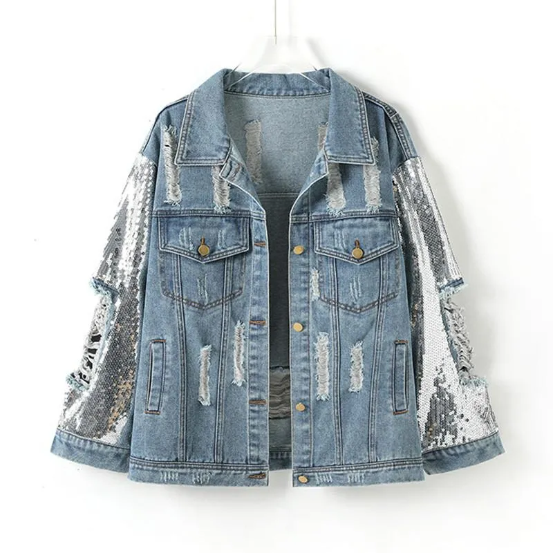 Women's Jackets Spring Sequins Long Sleeve Denim Jacket Oversized Hole Women Basic Coat Fashion Loose Ladies Jeans Windbreaker Outerwear