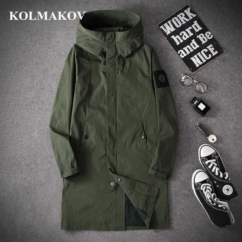 Kolmakov Long Trench Coats Män Höstens Casual Trench Coat M-4XL Hooded Windbreakers Male Good Quality Jackets Män 211011