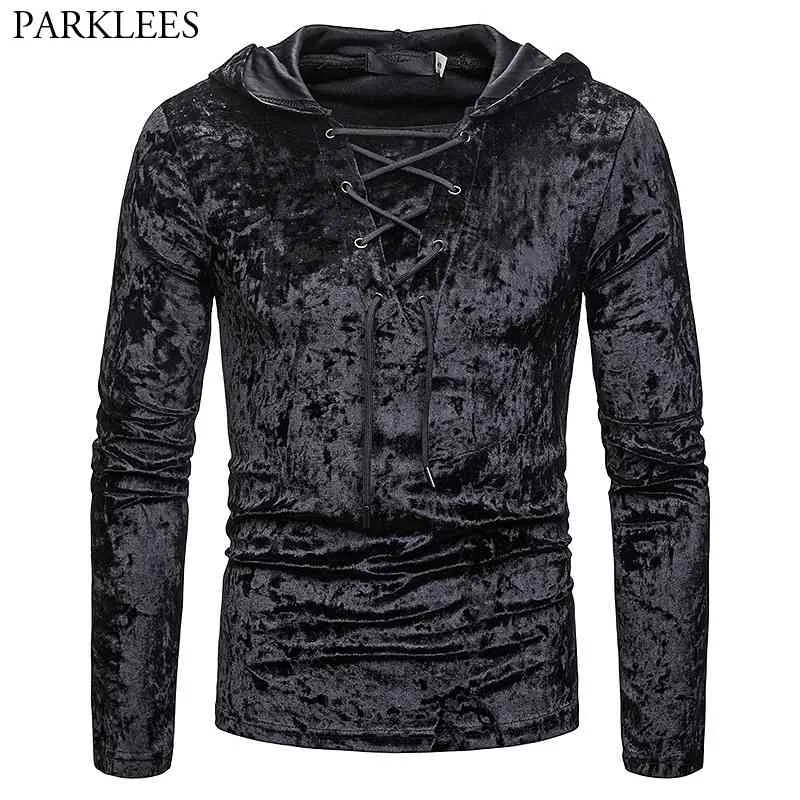 Mäns Skotsk Jacobit Ghillie Kilt Lace-Up Hooded T-shirt Långärmad Velvet Hoodies Tshirts Male Hip Hop Casual Black Top Tee 210522