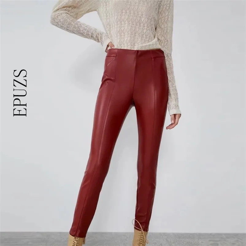 Зимние густые искусственные кожаные брюки женские эластичные высокие талии брюки сексуальные молнии узкие пробежки уличные одеяла длинные карандашные брюки 210521