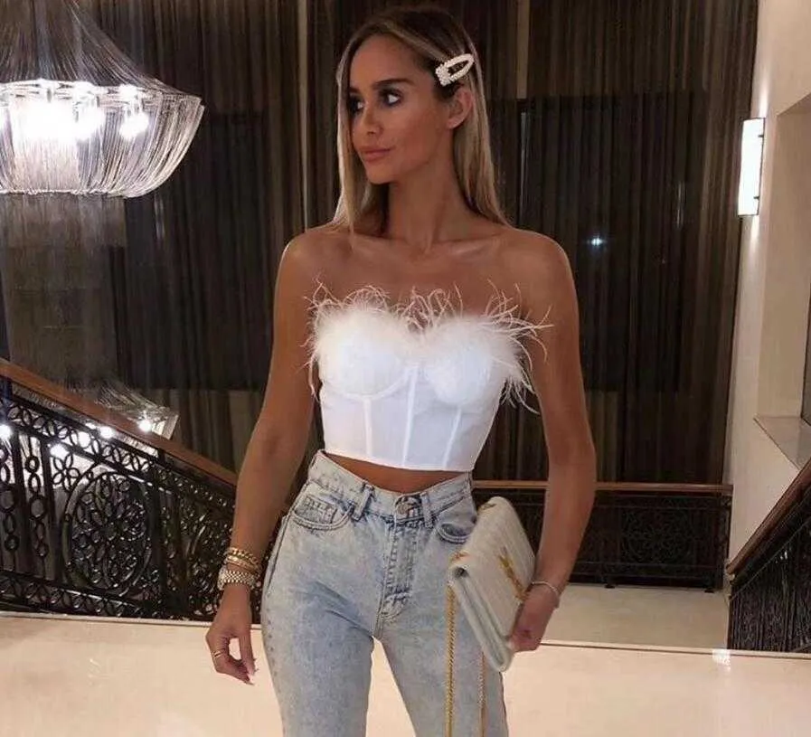 Arrivo Donne Sexy Designer Piume Bandage Tops Camisole Ladies Trendy Night Night Club Crop 210527