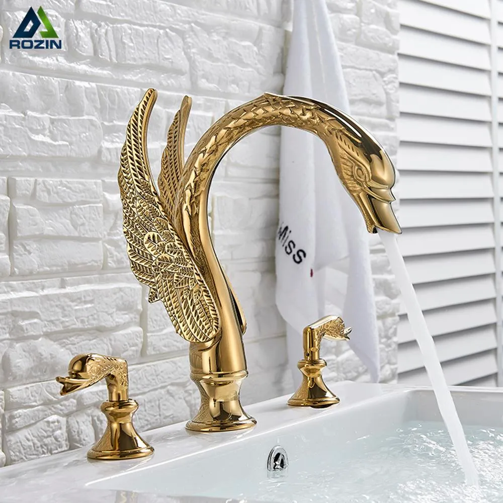 Neu Luxus Gold 3 stücke Waschbecken Wasserhahn Becken Mischbatterie Schwan Stil Schiff Wasserhahn 2 Griffe238P