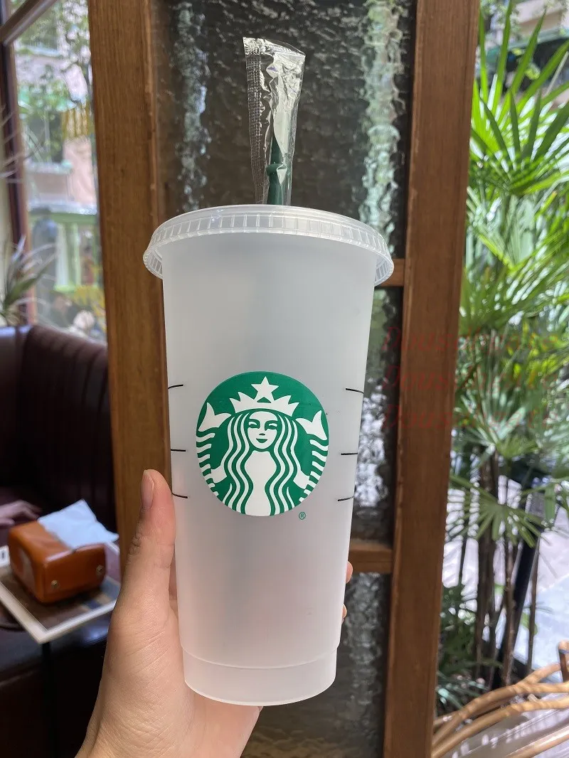 Starbucks 24 oz/710 ml Plastik Bardak Yeniden Kullanılabilir Temizle İçme Düz Tabanlı Fincan Sütun Şekli Kapaklı Saman Kupalar Bardian 50 adet Ücretsiz DHL 1