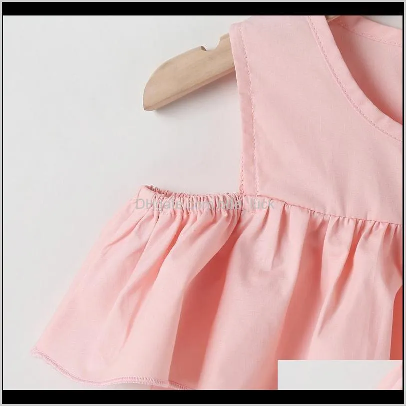 Fashion Pink Solid Dresses For Kids Cotton Girls Summer Off-shoulder Children Ruffles Dress Girl`s