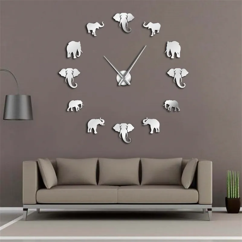 Jungle Animals Elephant DIY Grande Relógio De Parede Home Decoração Moderno Design Espelho Efeito Gigante Frameless Elefantes DIY relógio relógio 210325