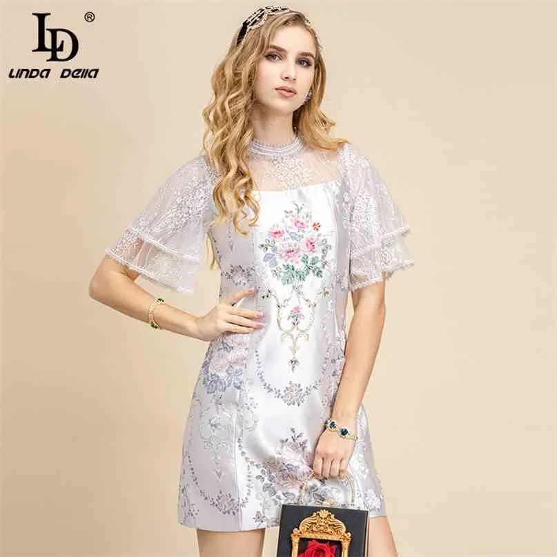 Summer Fashion Runway Jacquard Short Dress Women Elegant Lace Mesh Patchwork Embroidery Female Vintage Mini 210522