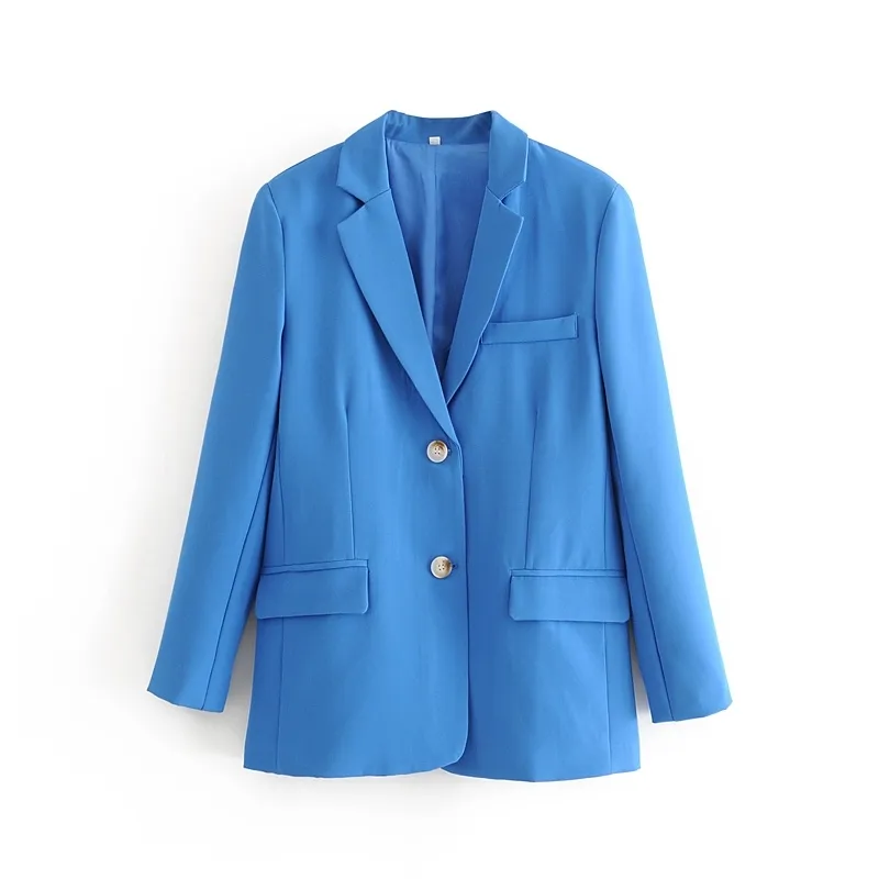 Blue women elegant notched collar blazer fashion ladies long sleeve button jackets suits casual female suit girls chic 210430