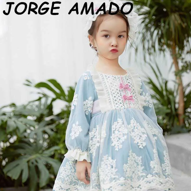 Spanish Style Kids Dresses for Girls light blue Embroidery Long Sleeve Princess Lolita Baby Clothes E5309 210610