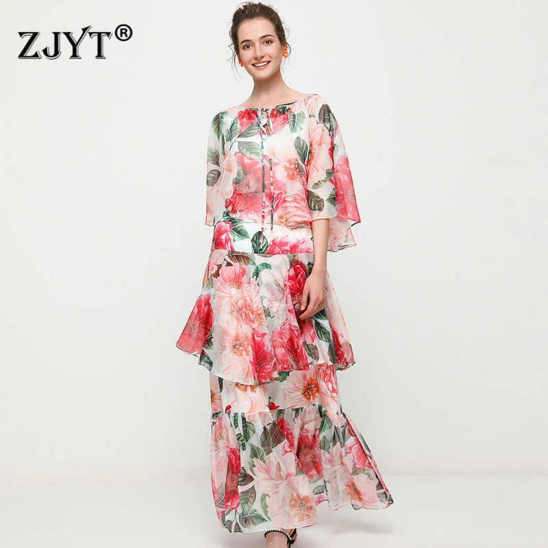 Summer Fashion Women's 2 Piece Clothing Set Runway Designers Floral Chiffon Shirt and Long Skirt Suit Outfits 210601