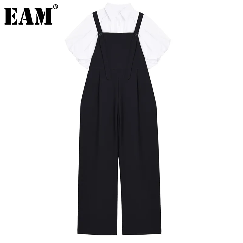 [eam] 스트랩 바지 두 조각 양복 옷깃 랜턴 짧은 소매 검은 느슨한 맞는 여성 패션 봄 여름 1DD8497 210512