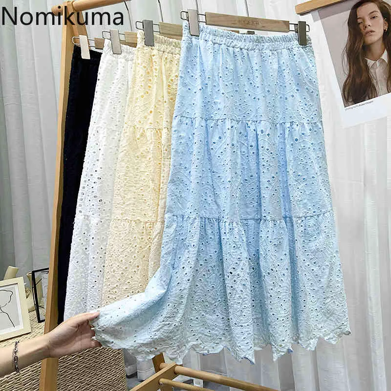 Nomikuma Kvinnor Sommar Kjolar Lace Cut Out Stretch High Waist A Line Midi Skirt Kvinnor Koreansk stil Chic Faldas Mujer 210514