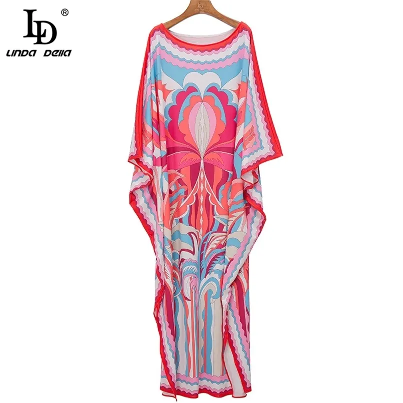 Vestido largo holgado de gran tamaño con manga de murciélago estampado rojo elegante para mujer de verano de diseñador de pasarela a la moda 210522