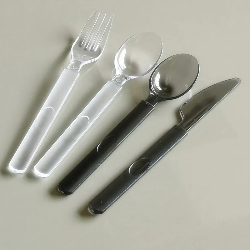 Högkvalitativ genomskinlig svart matkvalitet plastsked, extra tjock kniv och gaffel, fest picknick porslin dh8580