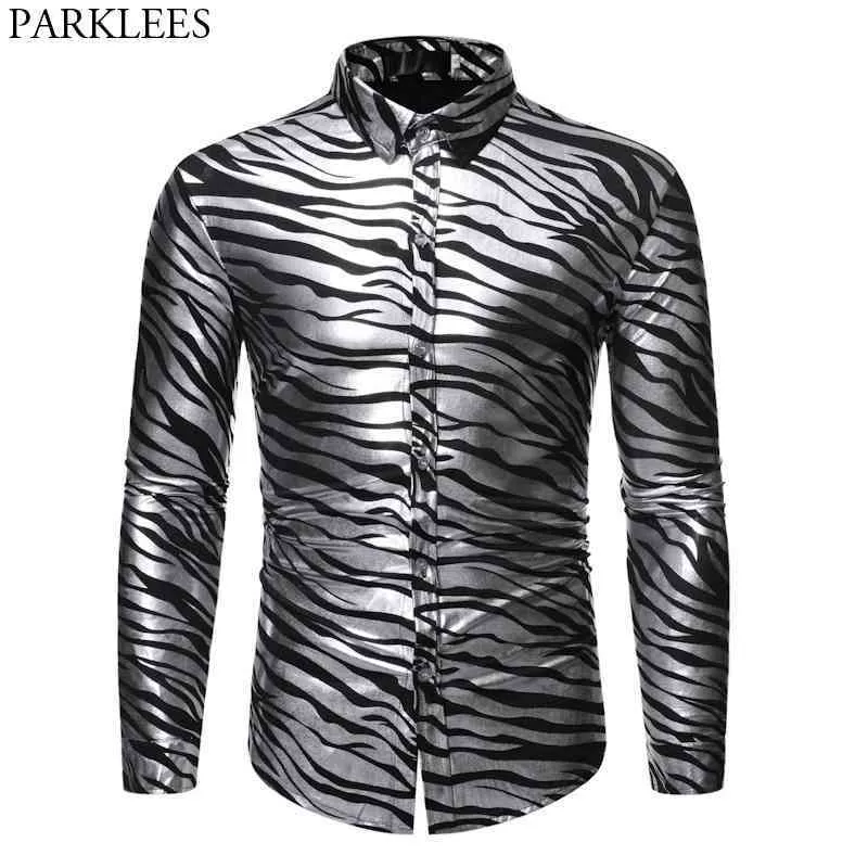 Erkek Metalik Gümüş Zebra Baskı Gömlek Sahne Balo Sosyal Gömlek Erkekler Slim Fit Uzun Kollu Chemise Homme Camisa Sosyal 210522