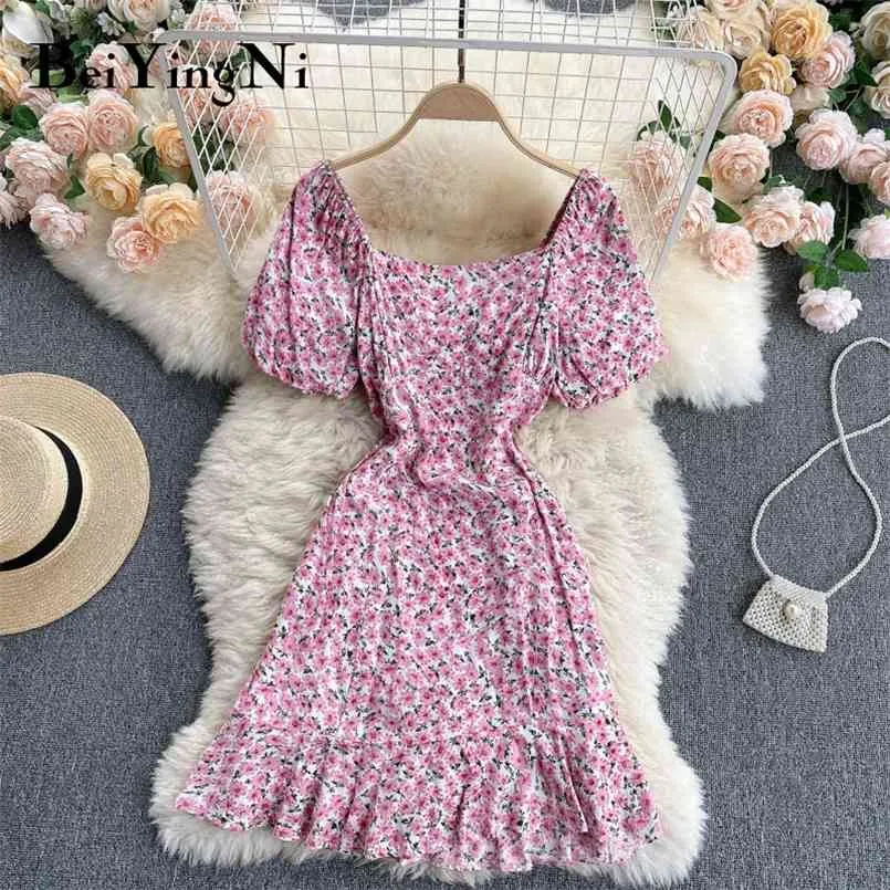 Beach Boho Dresses Womens Floral Print Pink Yellow Summer Fashion Korean A-line Dress Ladies Vintage Harajuku Vestidos 210506