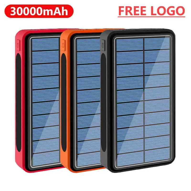 LOGO GRATIS 30000mAh Banco de energía solar 4 puertos USB Powerbank 30000 MAh LED Flash Light Batería externa Poverbank para iPhone Fábrica al por mayor