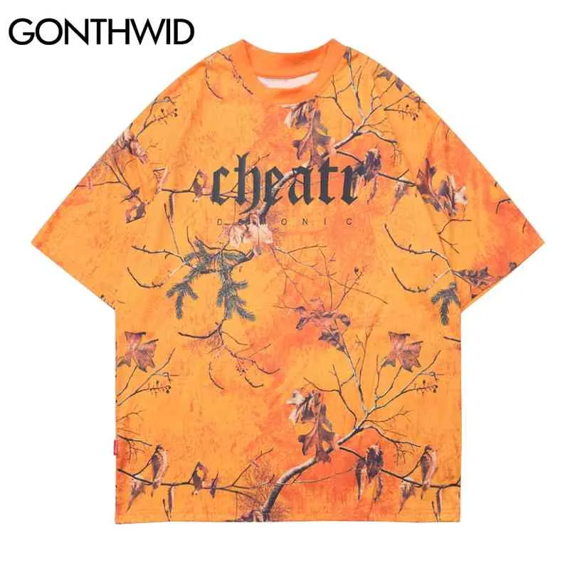 Tシャツストリートウェアヒップホップの木の葉の葉のプリント半袖Tシャツファッション原宿のカジュアルルースティーサマートップス210602