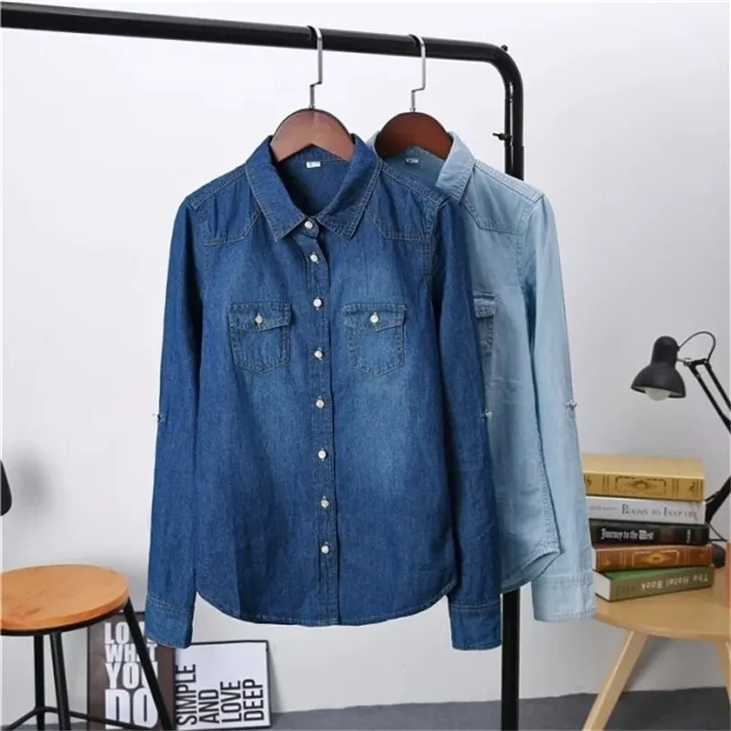 Плюс размер женской одежды весна с длинными рукавами блузка качества джинсовая рубашка винтажная повседневная синяя джинсы рубашка Camisa FemininiS 210317