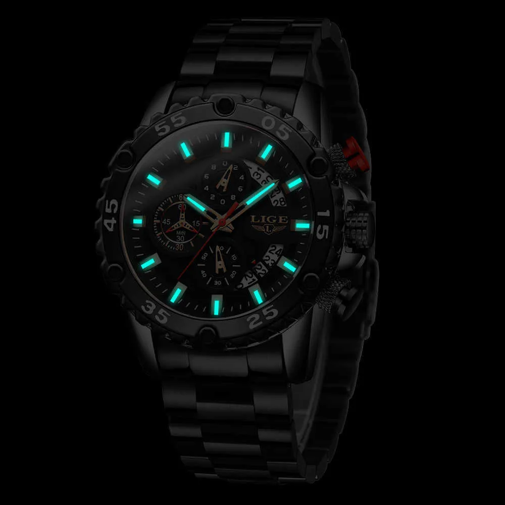 LIGE Wrist Watch Man Fashion Moda Czarny Mężczyzna Zegarki Top Brand Luxury Wszystkie Stal Zegarek Dla Mężczyzn Wojskowy Sport Chronograph 210527