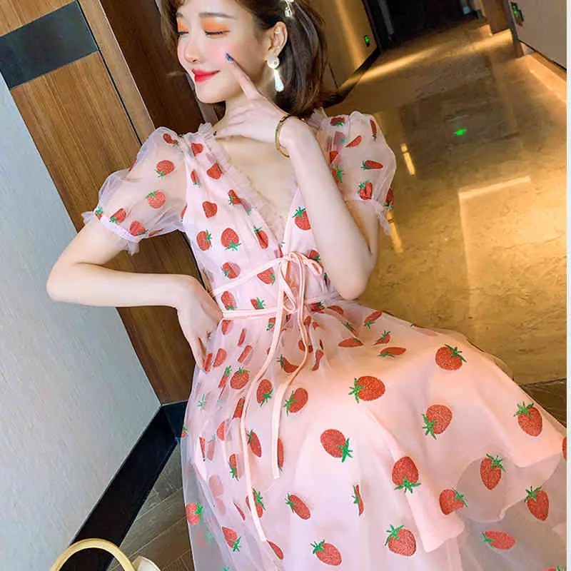 Summer Runway Hot Drill Strawberry Dress Women Sweet Long Flare Sleeve V Neck Empire Lace Up Sheer Mesh Holiday Pink Lady Dress 210323 From Bai03 93.47 In Bulk DHgate.Com