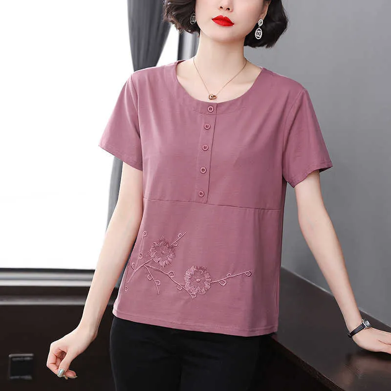 Shintimes Floral Embroidery T-Shirt Purple Summer Cotton Short Sleeve Button T Women Korean Clothes Tee Femme 210615