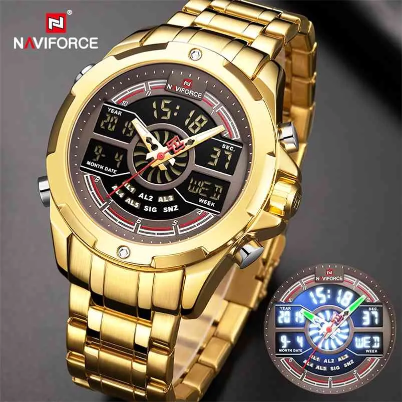 NAVIFORCE Luxury Men's Gold Watches Digital Chronograph Military Sport Quartz WristWatch Stainless Steel Waterproof Alarm Clock 210804