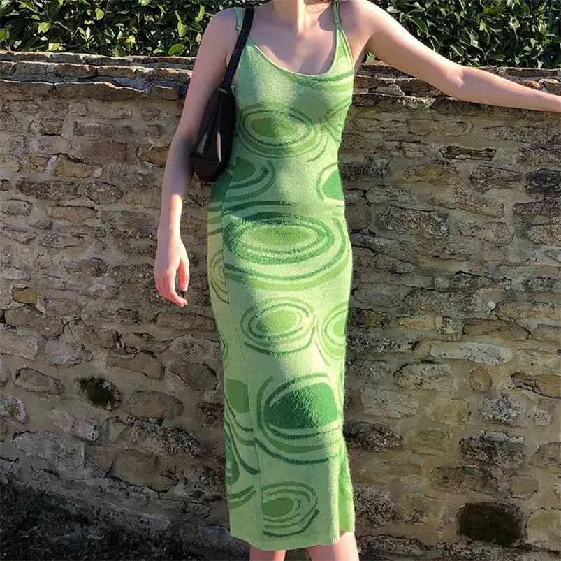 Paisley print stickad dres grön y2k sommar sexig bodycon ärmlös spaghetti strap strand fest midi klänningar 210623
