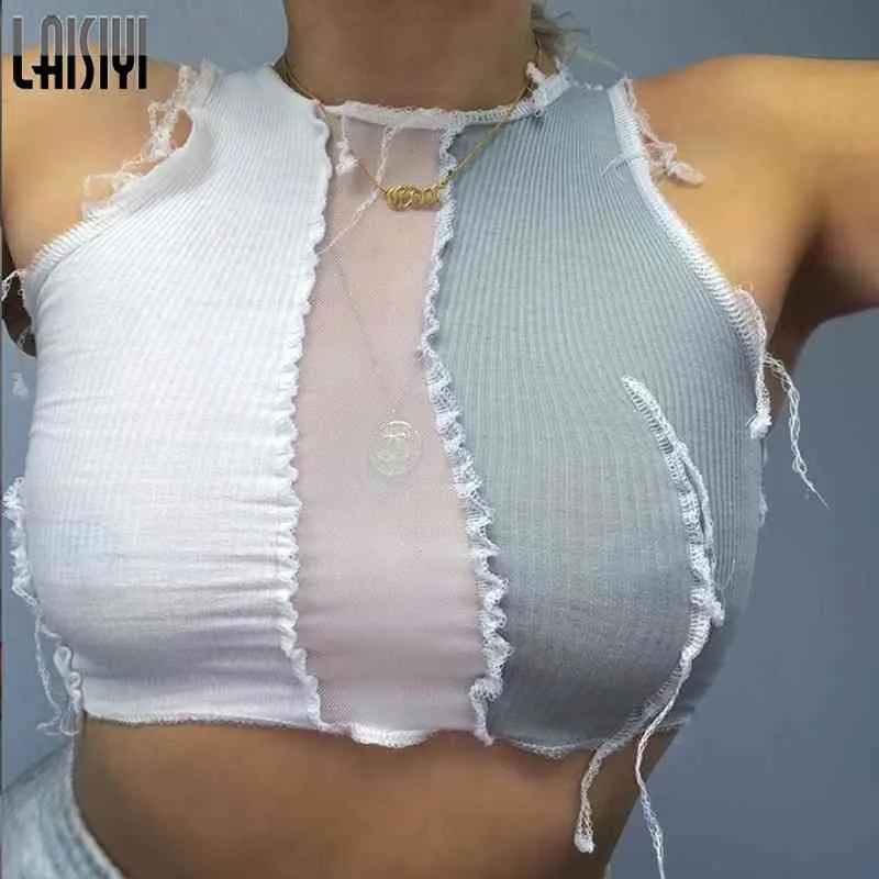 LAISIYI SleevelSee-through Sexy Crop Top Women Mesh Patchwork Design Tank Tops Punk Style Street Casual Wear Wild Vest 2020 X0507