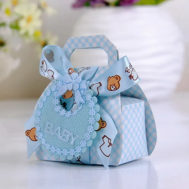 Baby Shower Favors Candy Gift Bags Small Plaid Baskets with Adorable Ribbon&Bib Decor Cute Party Favor Basket Boxes for Boys Girls Birthday Wedding