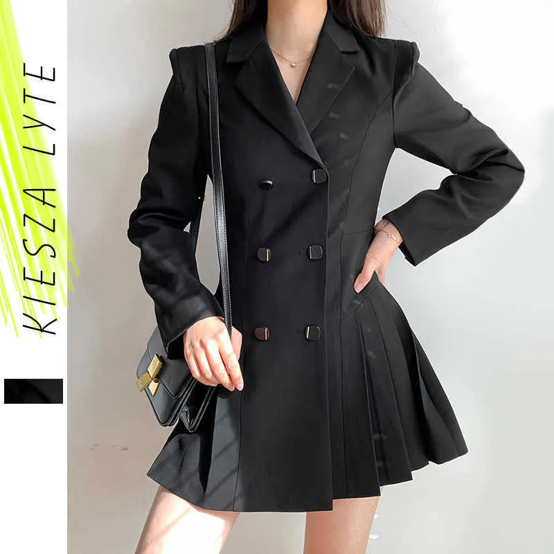 Woman Dress Spring French Style Elegant Double Breasted Slim Pleated Black Mini Suit Dresses Office Lady Vintage 210608