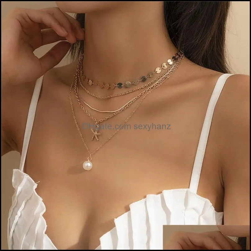 Women Starfish Pearl Pendant Necklaces Multi Layer Round Piece Copper Clavicle Chain European Punk Metal Thin Link Jewelry Accessories
