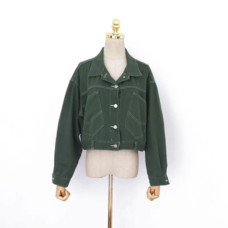 Women's Short Cropped Denim Green Jacket Button Front Long Sleeves Jean Jackets For Women Turn Down Collar C0038 210514