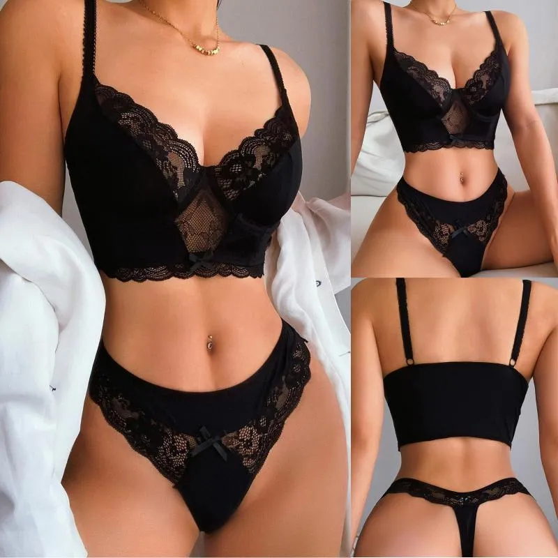 Yoga-Outfit Damen Sexy Dessous Reine Farbe Spitze Top BH Tanga Neckholder Erotik Sex Kostüm Ärmellos Nachtwäsche Outfits 2-teiliges Nachtwäsche-Set