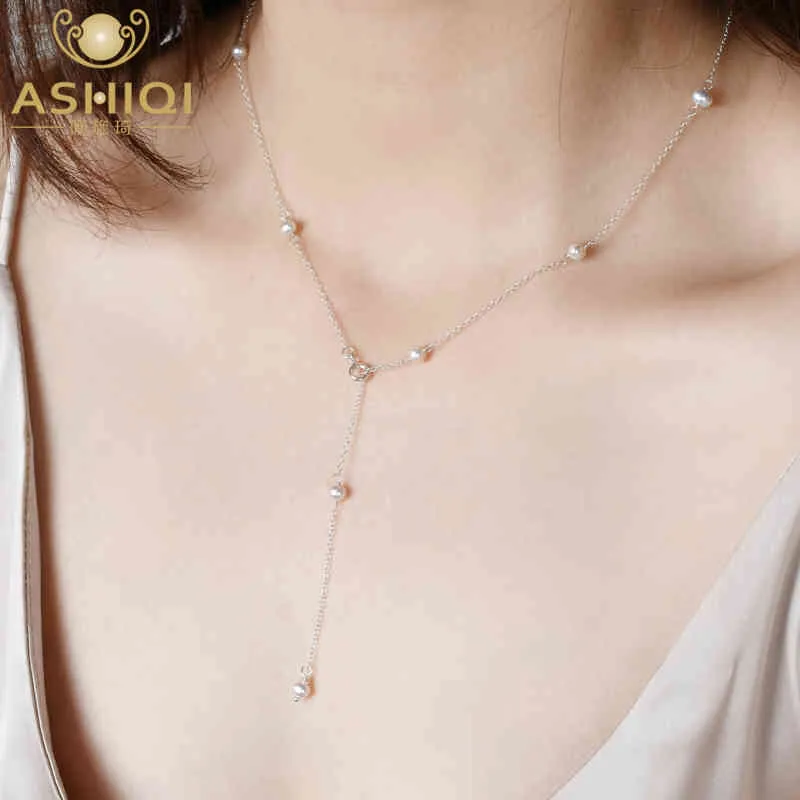 ASHIQI Real 925 Sterling Silver Chain On Necklace Women Mini Natural Freshwater Pearls Jewelry Gifts for The Year