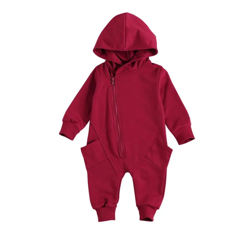 Kleding sets geboren massief kleur romper baby casual stijl lange mouw hooded jumpsuit met zakken