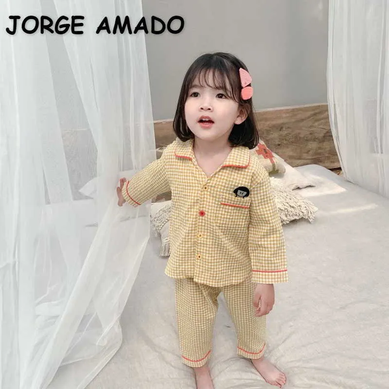 Spring Baby Pajamas Sets Yellow Black Plaid Embroidery Home Suits Sleep Swear Kids Clothes E 210610