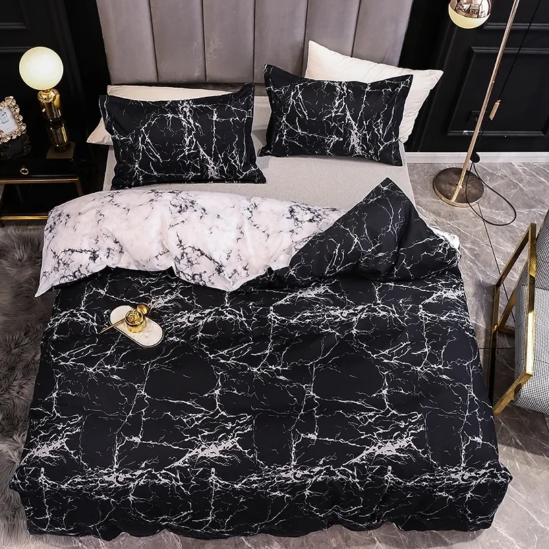 Черно-белый цвет кровать постельного белья мраморная реактивная напечатанная напечатанная одеяла набор для дома домохозяйственный комплект постельного белья Coutte 210319