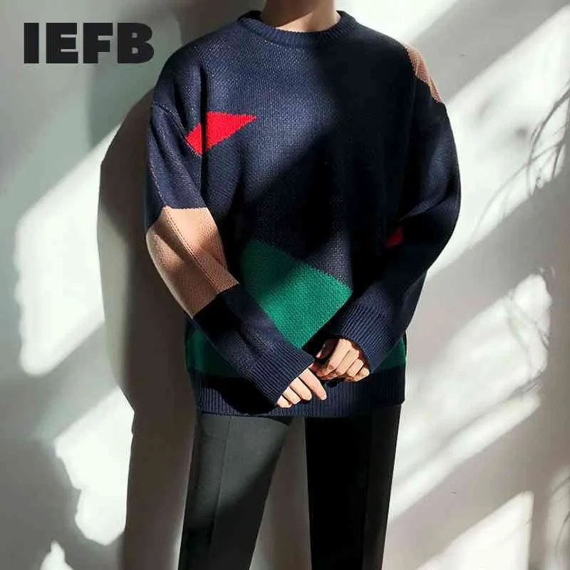 IEFB men's autumn winter thickened color block crew neck kint sweater Korean fashion loose oversized kintwear male 9Y4755 210524