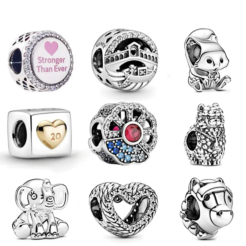 Memnon Jewelry 925 Sterling Silver Snake Chain Pattern Open Heart Charm Ellie the Elephant Charms Fluffy Llama Love Dice Bead Cute Squirrel Beads Fit Bracelets Diy