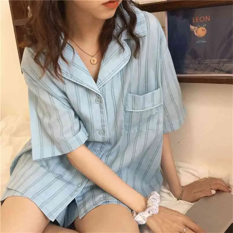 Pajamas для женщин летние корейские сладкие пижамы девочек полосатый отворот домашняя одежда Kawaii Plus Размер свободных Pijama дамы Pajama набор 210830