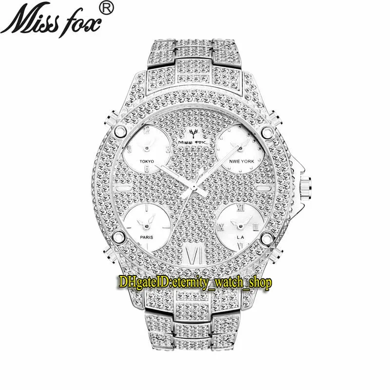 MISSFOX éternité V305 Hip hop Mode Hommes Montres 51MM CZ Diamant Incrustation Multi Cadran Quartz Mouvement Hommes Montre Glacé Diamants Lunette Alliage Bracelet Argenté Bracelet