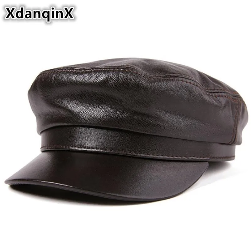 Sombrero de cuero genuino XdanqinX, gorra plana de alta calidad para hombres y mujeres, sombreros militares del ejército de piel de oveja, gorras de marca para otoño e invierno, ala ancha