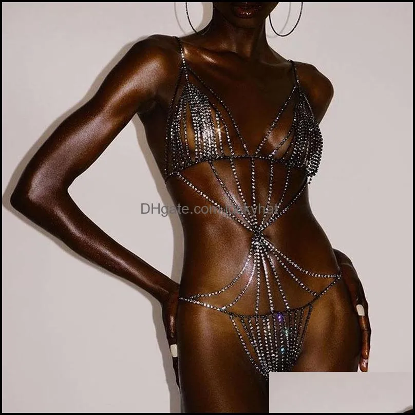 Sexy Lingerie Jumpsuits Rhinestone Chain Women One-Piece Bodysuit Body Chain Jewelry Crystal Bikini Bra Thong Chains