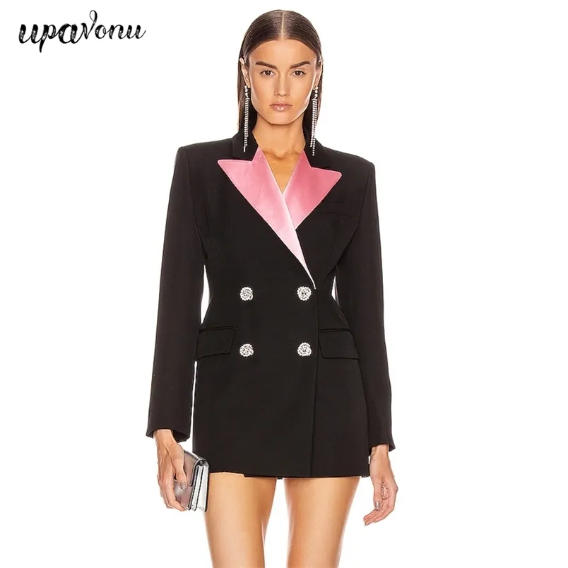 Womens Color Block Blazer Dress Sexy Lapel, Long Sleeve, Double