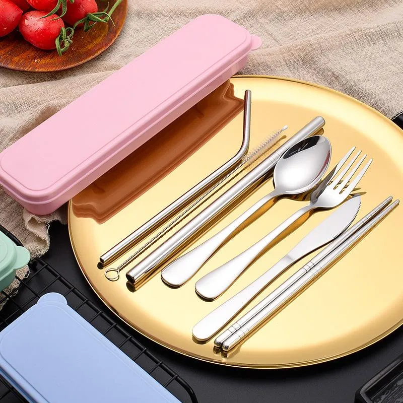 Stainless Steel Flatware Set Portable Cutlery Set For Outdoor Travel Picnic Dinnerware Set Metal Straw With Box And Bag Kitchen Utensil DH8556