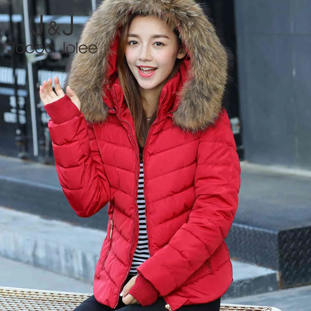 Jocoo Jolee Winterhandschuhe Wintermantel Frauen Abnehmbarer Pelzkragen Slim Fit Outwear Lässige koreanische Grundjacken Parka Outwear 210518