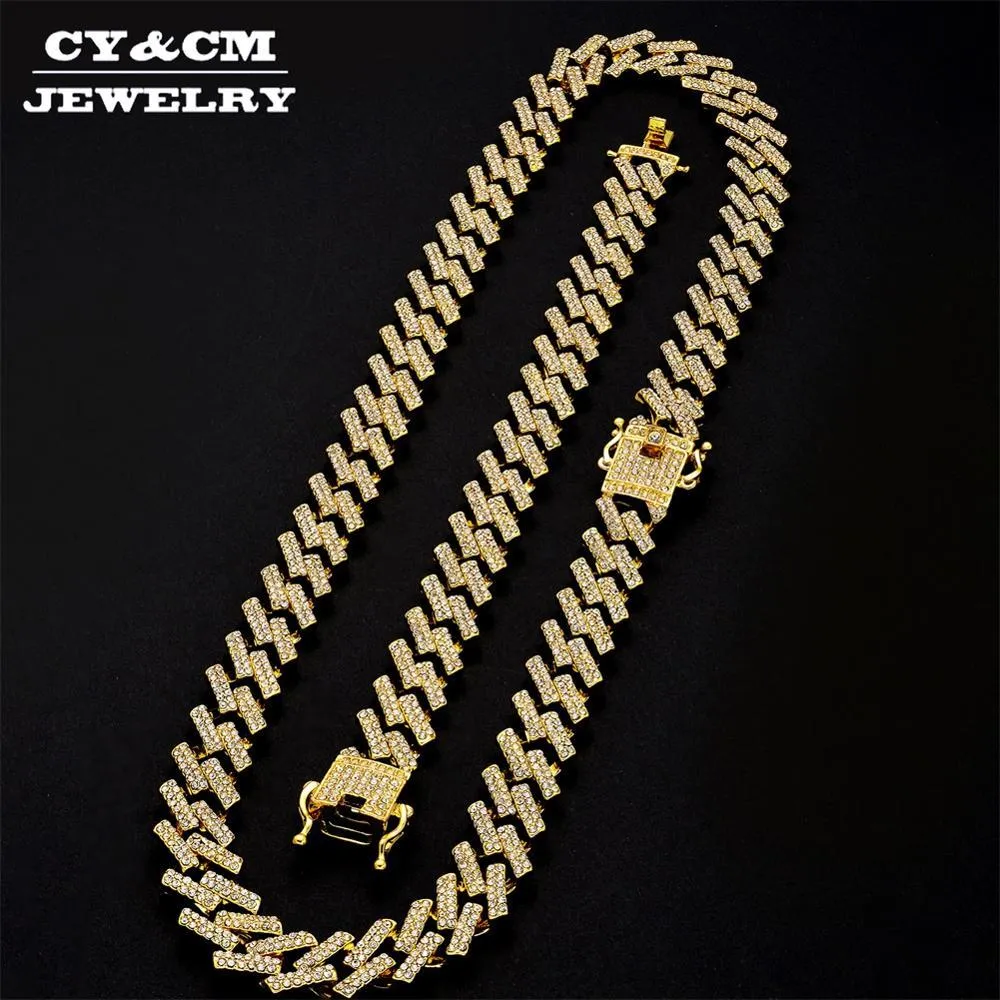 Oro Argento Color Prong Uomo Girocollo Hip Hop Iced Out Bling Rhinstone Collana Miami Cuban Link Catene Collane Bracciale Set 15mm X0509